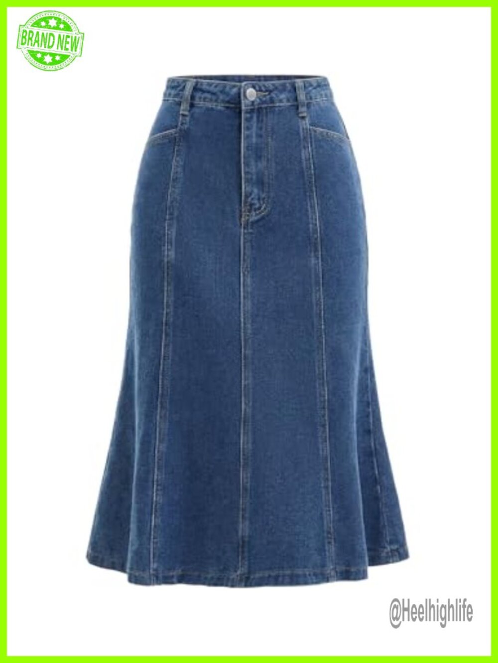 Fishtail Denim Midi Skirt High Waist Fit and Flare Jean Skirt